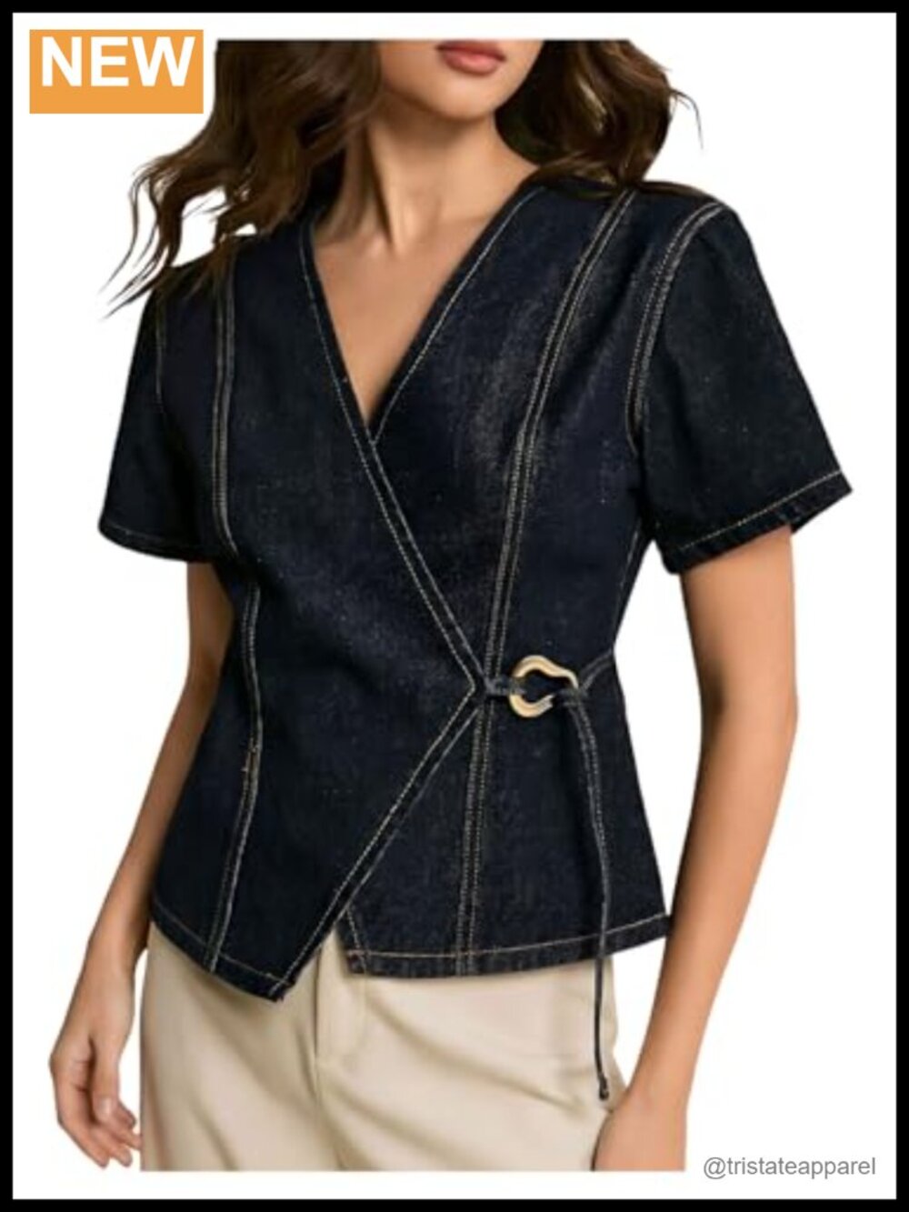 Denim Wrap Top V Neck Short Sleeve Tie Waist Asymmetric Blouse for Women